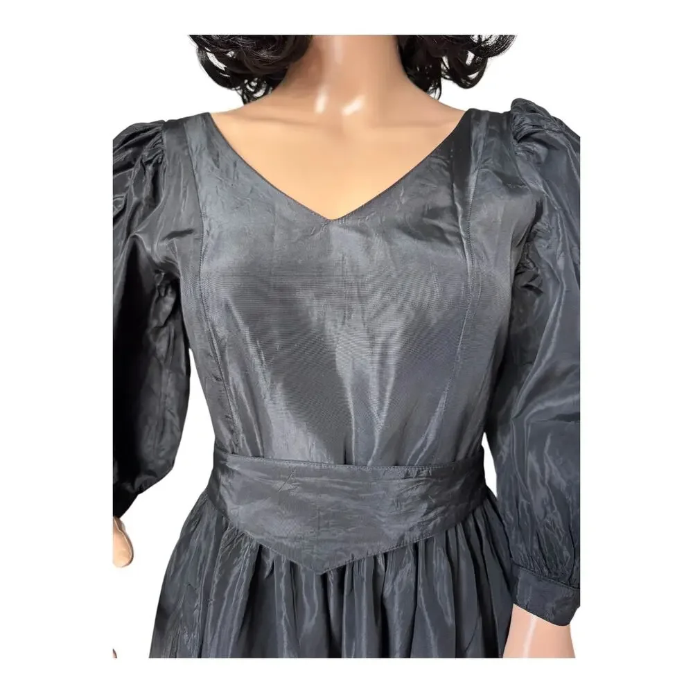1980s Laura Ashley Black Puff Sleeve Midi Dress Ireland Small